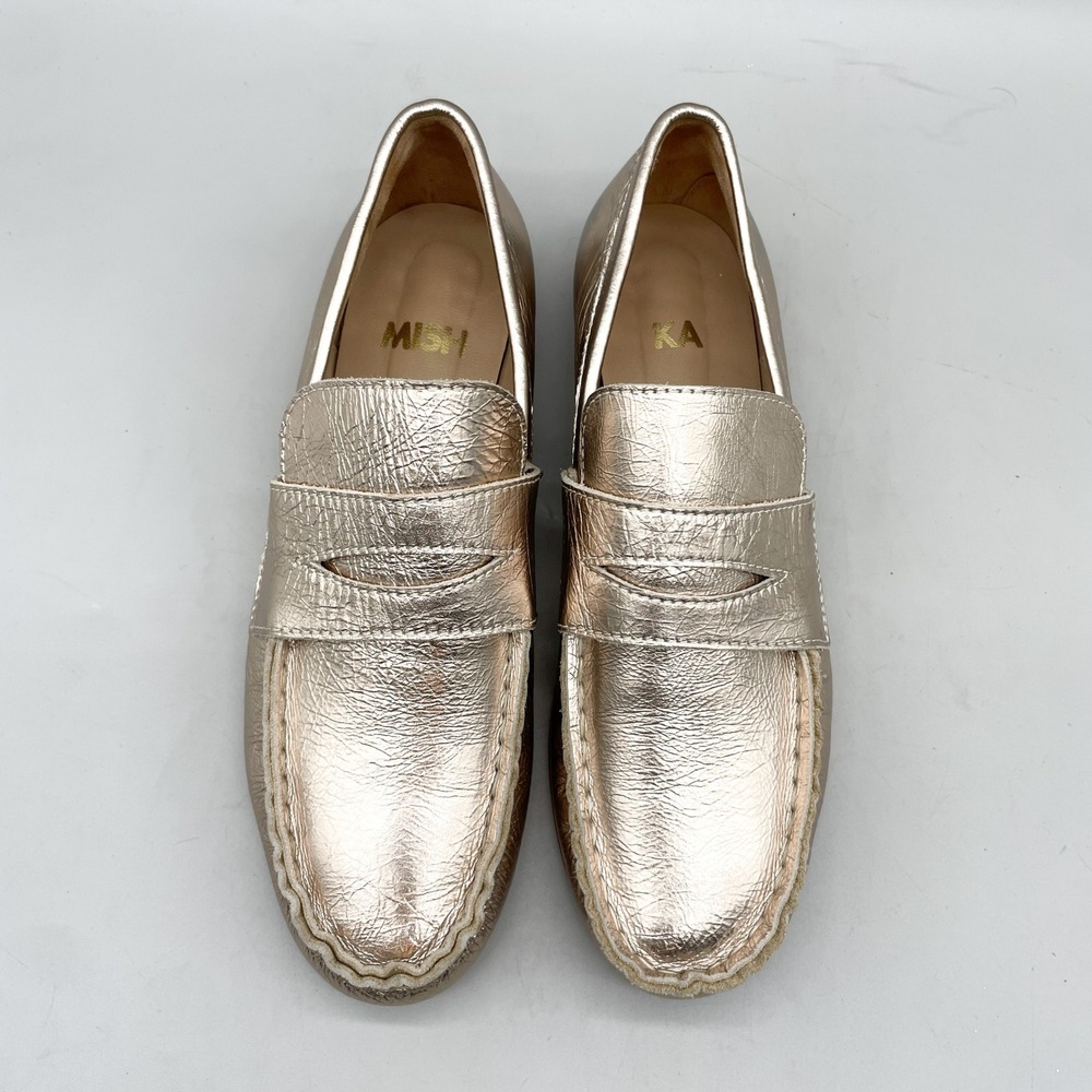 Mishka Womens 39 Penny Loafers Gold Metallic Leather Preppy Minimalist Office